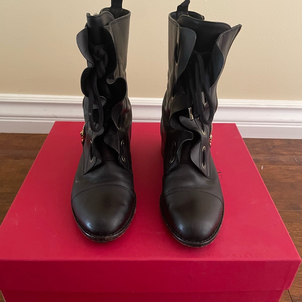 Valentino Black Lace-Up Ruffle Leather Ankle Boots